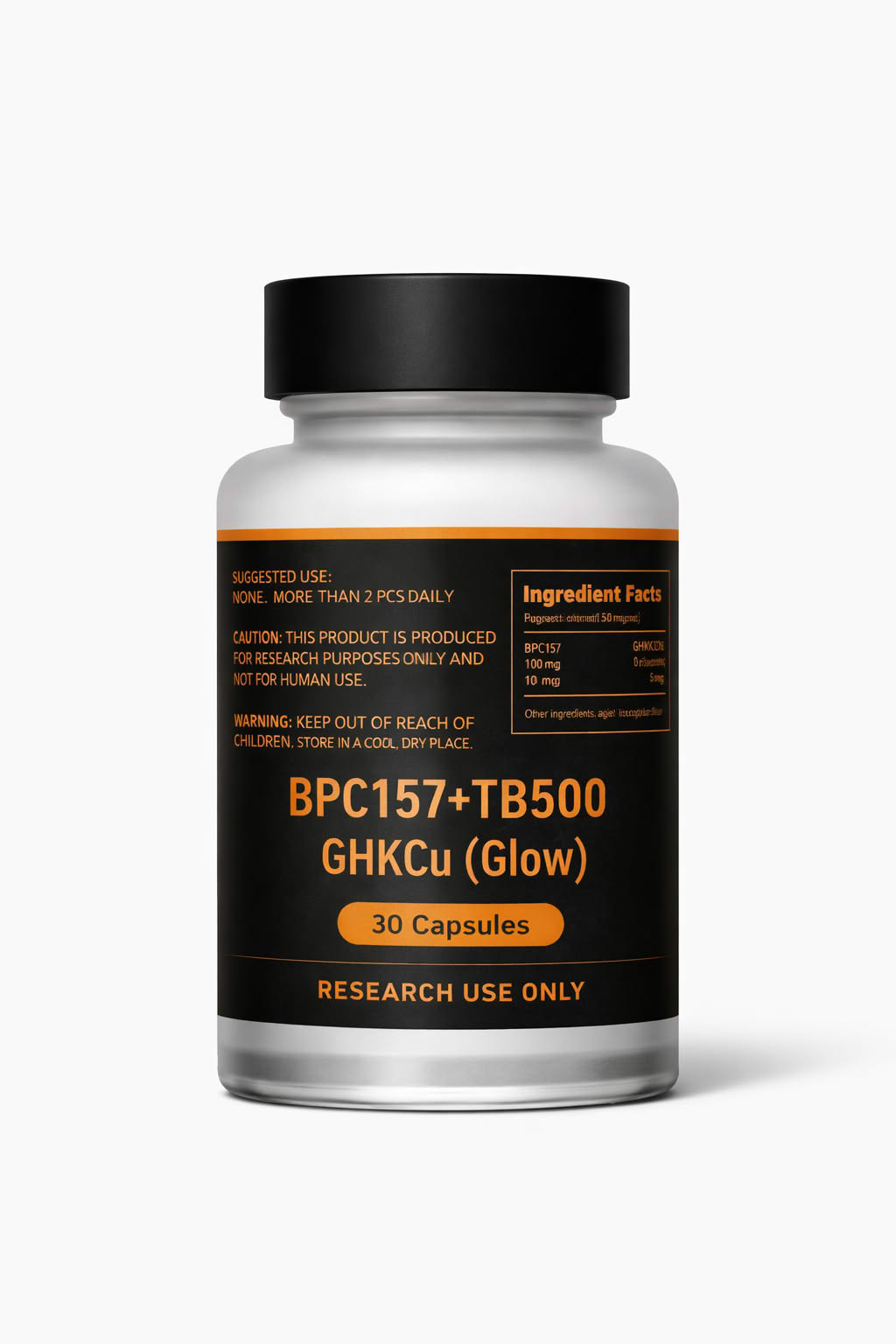 Bottle of GLOW Caps BPC157+TB500 GHKCu research chemicals labeled for research use only, containing 30 capsules.