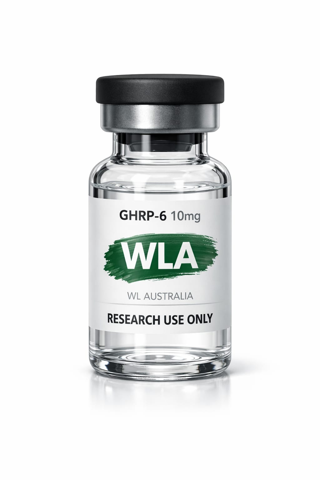 Vial labeled 'GHRP-6 10mg WLA' with 'RESEARCH USE ONLY', promoting peptide use in Australia.