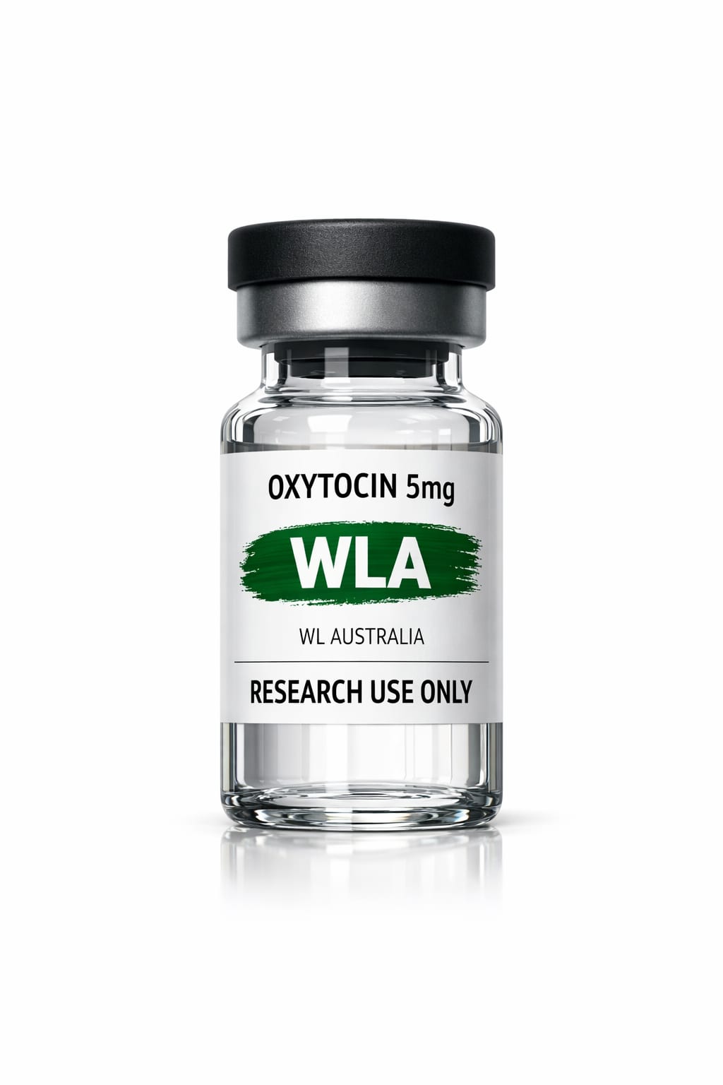 Vial labeled 'Oxytocin 5mg' from WL Australia, intended for research use only, related to social bonding and heart disease research.