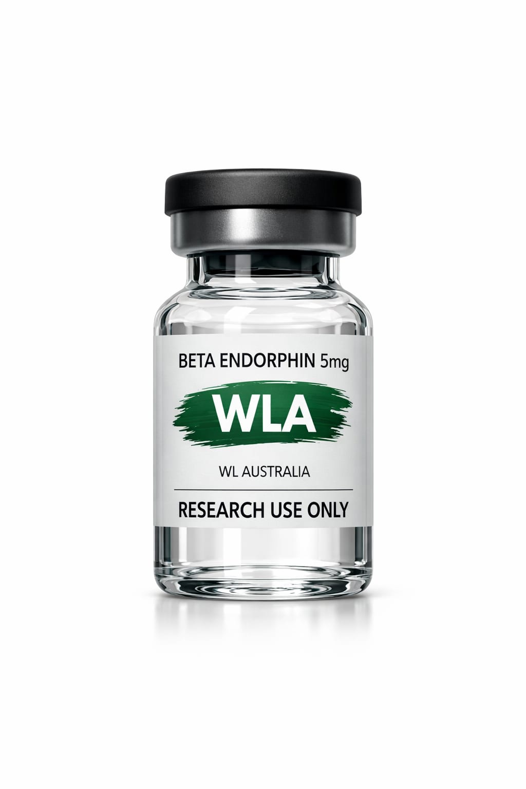 Vial labeled 'Beta Endorphin 5mg WLAustralia' for research use, related to anxiety relief and longevity.