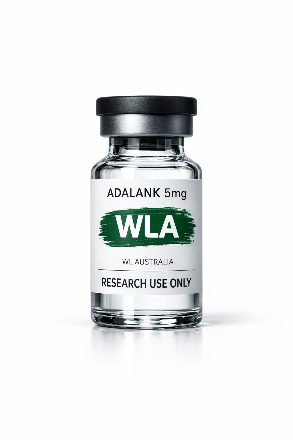 Image of a 5mg vial labeled 'ADALANK' by WL Australia, marked for research use only, possibly related to anxiety and longevity benefits.