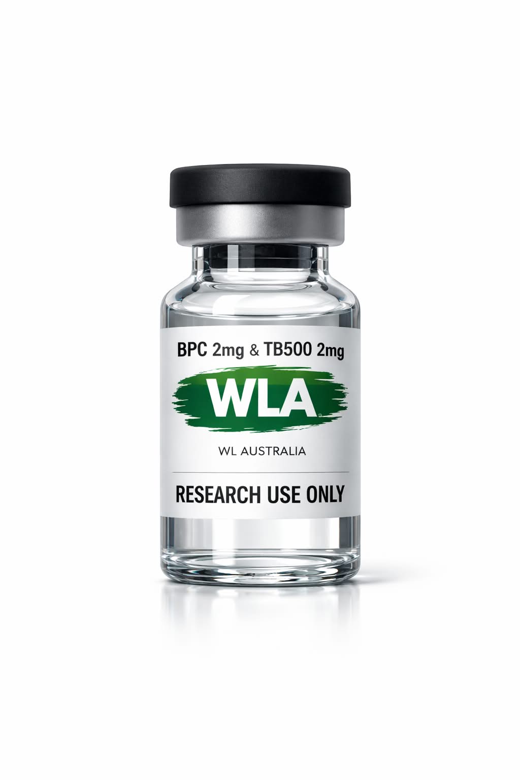 Vial of BPC 2mg & TB500 2mg peptides labeled 'WLA Australia' for research use only.
