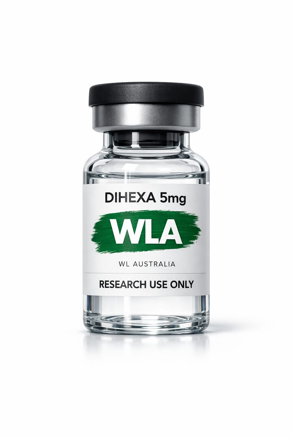 Vial of Dihexa 5mg peptide from WLAustralia for research use, aimed at anxiety relief and longevity.