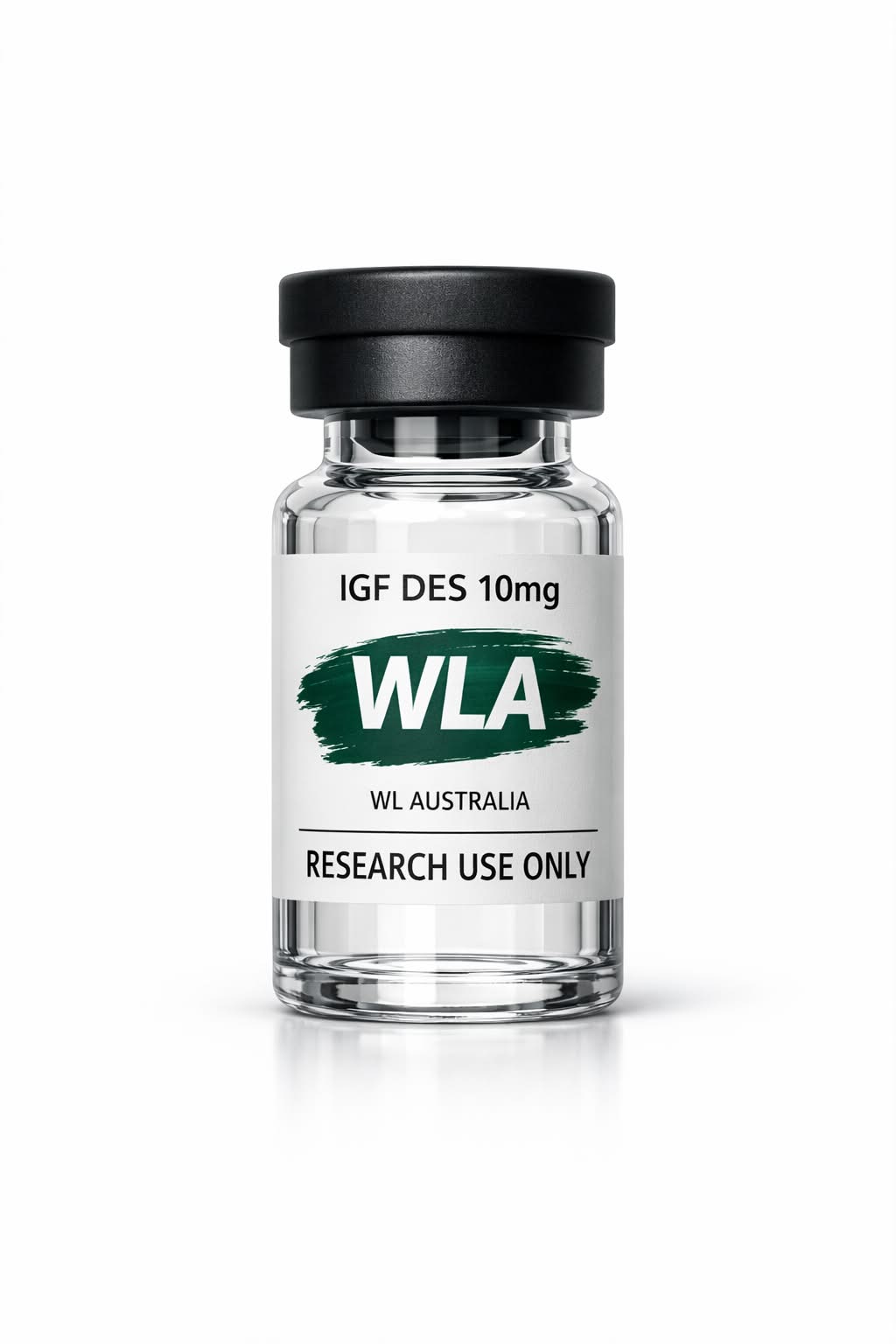 Vial labeled 'IGF DES 10mg' from WL Australia, intended for research use only, highlighting peptide potential for muscle growth.